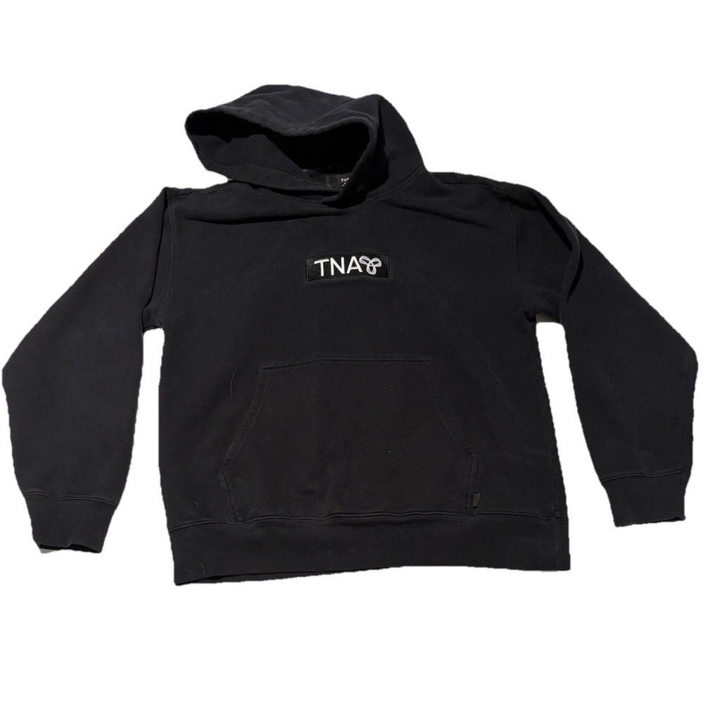TNA Aritzia Cozy Black Hoodie Womens Medium, White Logo, Kangaroo Front Pocket.